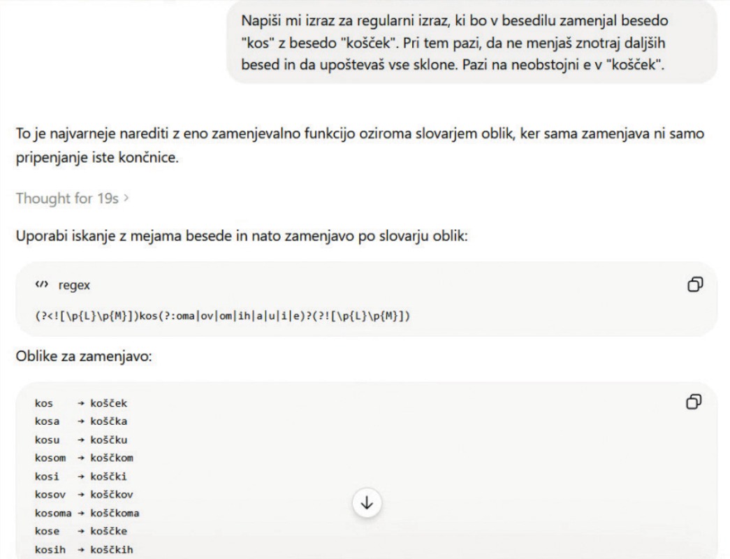 Regularne izraze nam lahko napiše umetna inteligenca, ki predlaga tudi uporabo slovarja.